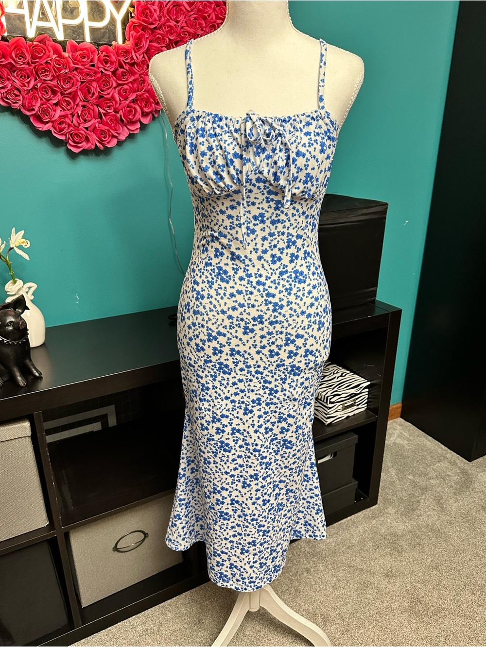 Blue Floral Midi Dress with Tie Front - Women